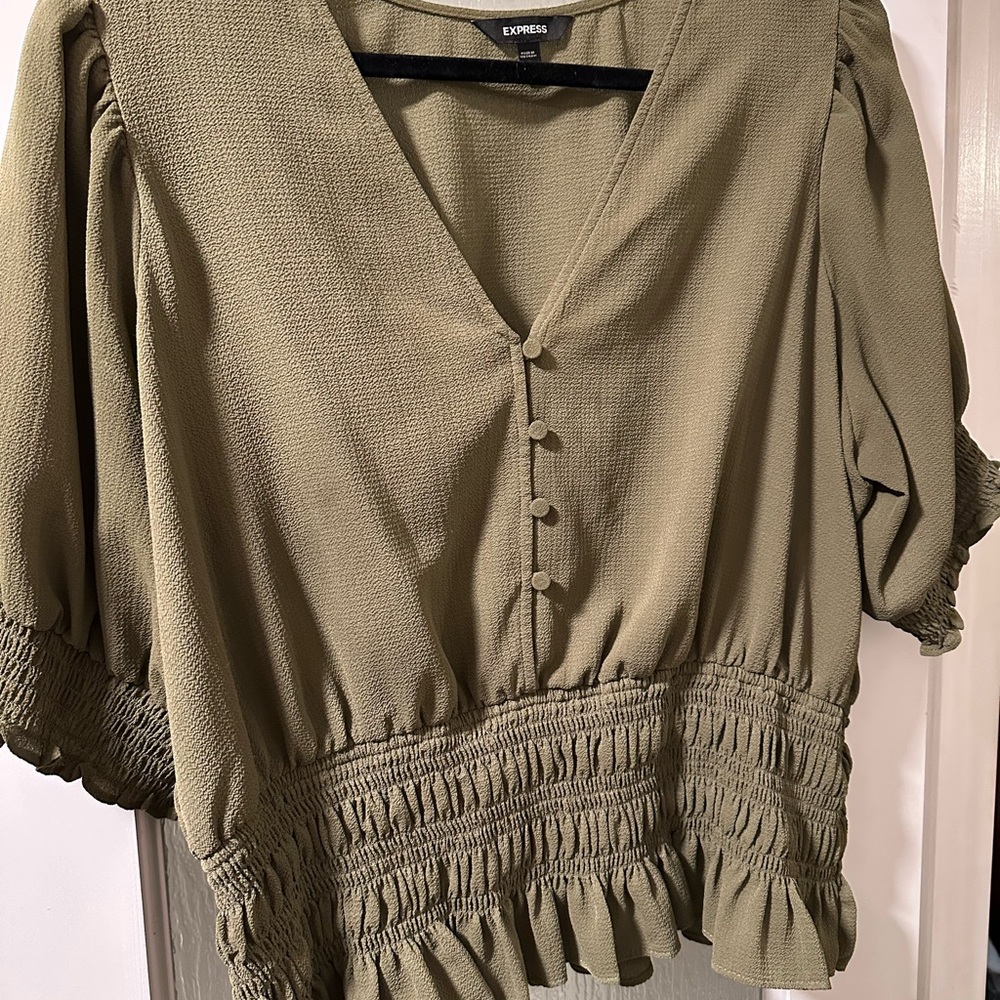 Express Olive Puff Sleeve Blouse with Ruffles